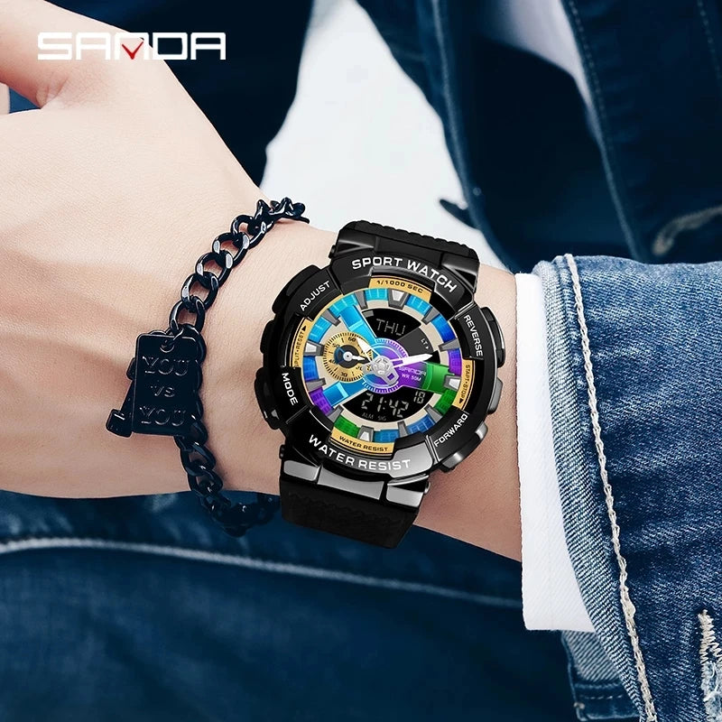 Sanda men 9004 style with raise hand lamp function creative personality Man Double Display Synchronous Movement Electronic Watch