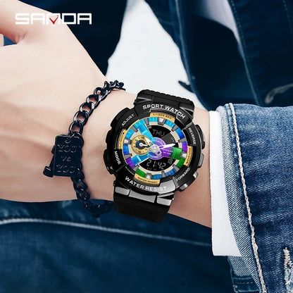 Sanda men 9004 style with raise hand lamp function creative personality Man Double Display Synchronous Movement Electronic Watch