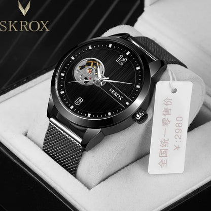 SKROX Elegant Luminous Waterproof Automatic Clockwork Tourbillon Steel Skeleton Mechanical Man Watch Wrist Watches reloj hombre