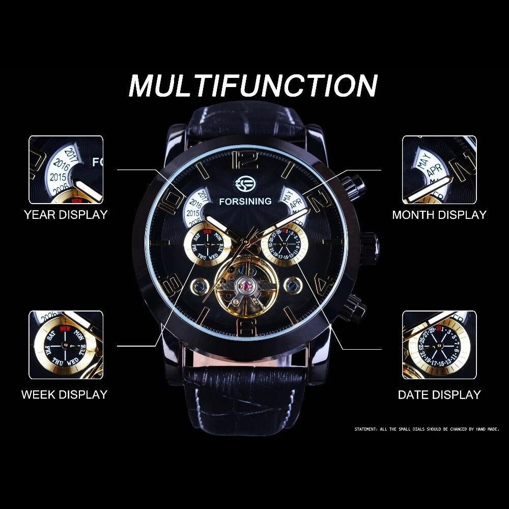 Forsining Top Brand Luxury Tourbillion Mens Automatic Mechanical Watches Fashion Wave Black Golden Clock Multi Function Display