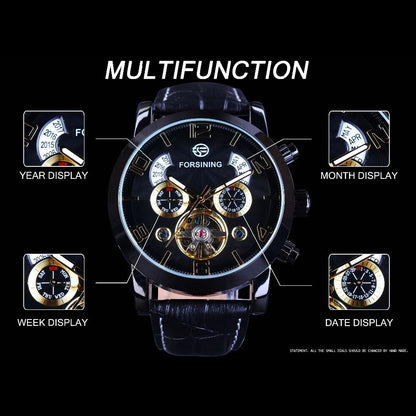 Forsining Top Brand Luxury Tourbillion Mens Automatic Mechanical Watches Fashion Wave Black Golden Clock Multi Function Display