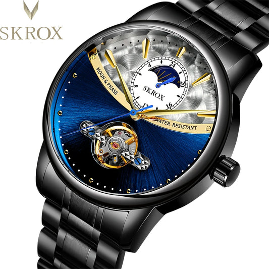 SKROX Moon Phase Automatic Movement Man Watch Mechanical Waterproof knight Wrist Watches Stainless Steel Strap Sports Clockwork