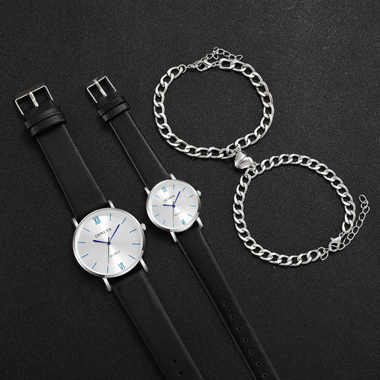 4PCS/Set Couple's Watches Fashion Roma Dial Leather Band Quartz Watch Heart Bracelets Set