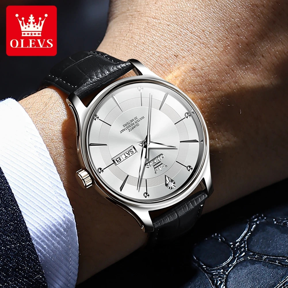 OLEVS NEW Montre Homme Acier Inoxydable Simplicité Robe Étanche Date Semaine Quartz Montre-Bracelet Homme Bracelet En Cuir Montre Homme