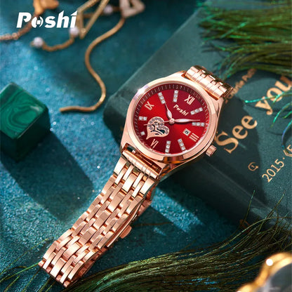 POSHI Top Brand Quartz Watches Stainless Steel Women's Watch with Date Ladies Fashion Dress Wristwatch Clock Relogio Feminino