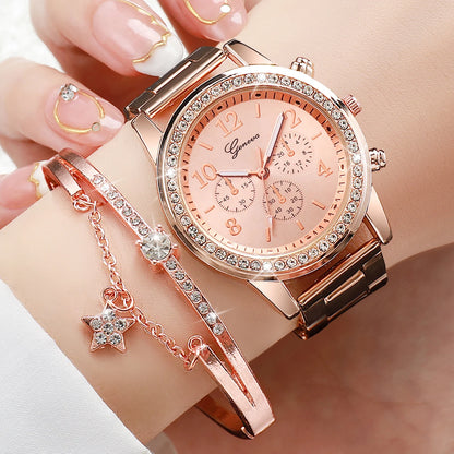 Lot de 2 montres à quartz analogiques pour femme avec strass et bracelet en acier doré rose