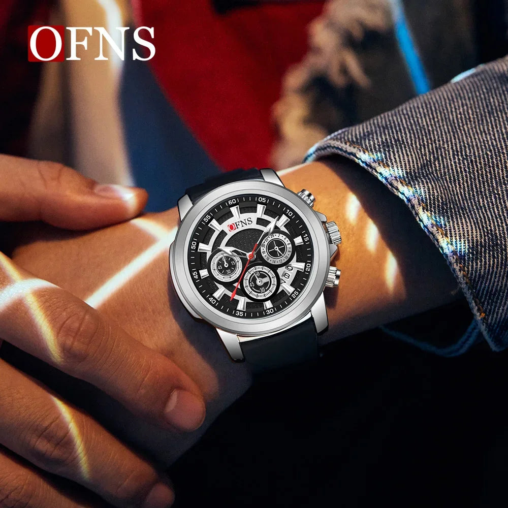 OFNS Hot Selling 1603 Top Fashion Men's Quartz Watch Six Pin Three Eye Timing Quartz Watch Multi functional Waterproof Watch