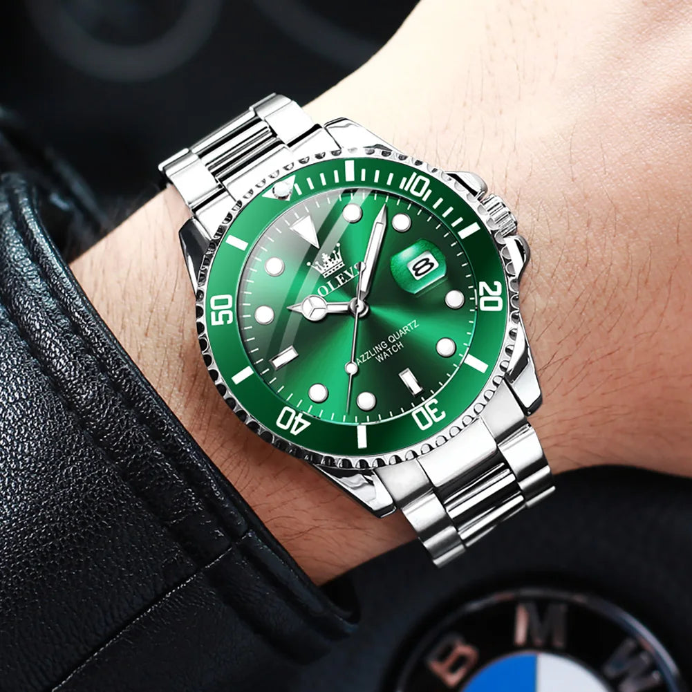 Montre Homme OLEVS Diver Vert Montre Étanche pour Homme Acier Inoxydable Quartz Homme Montre De Luxe Lumineuse