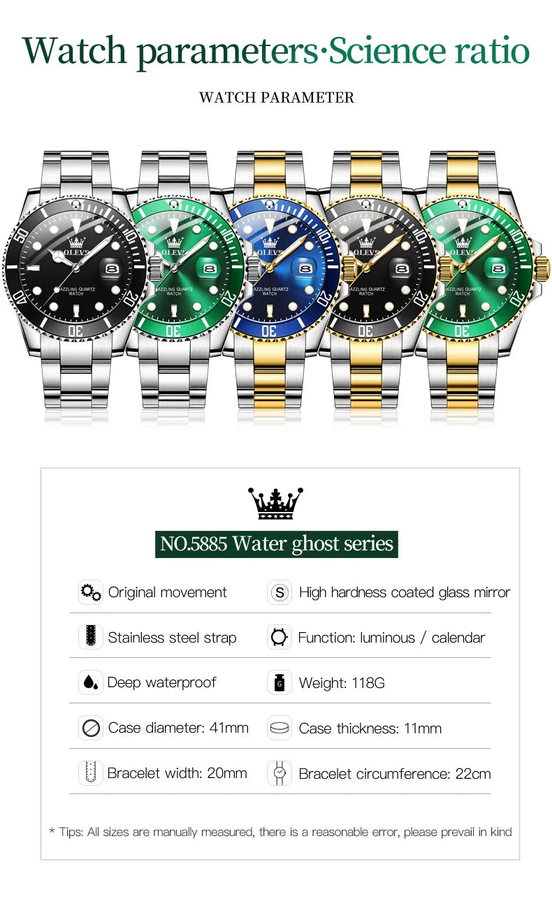 Montre Homme OLEVS Diver Vert Montre Étanche pour Homme Acier Inoxydable Quartz Homme Montre De Luxe Lumineuse