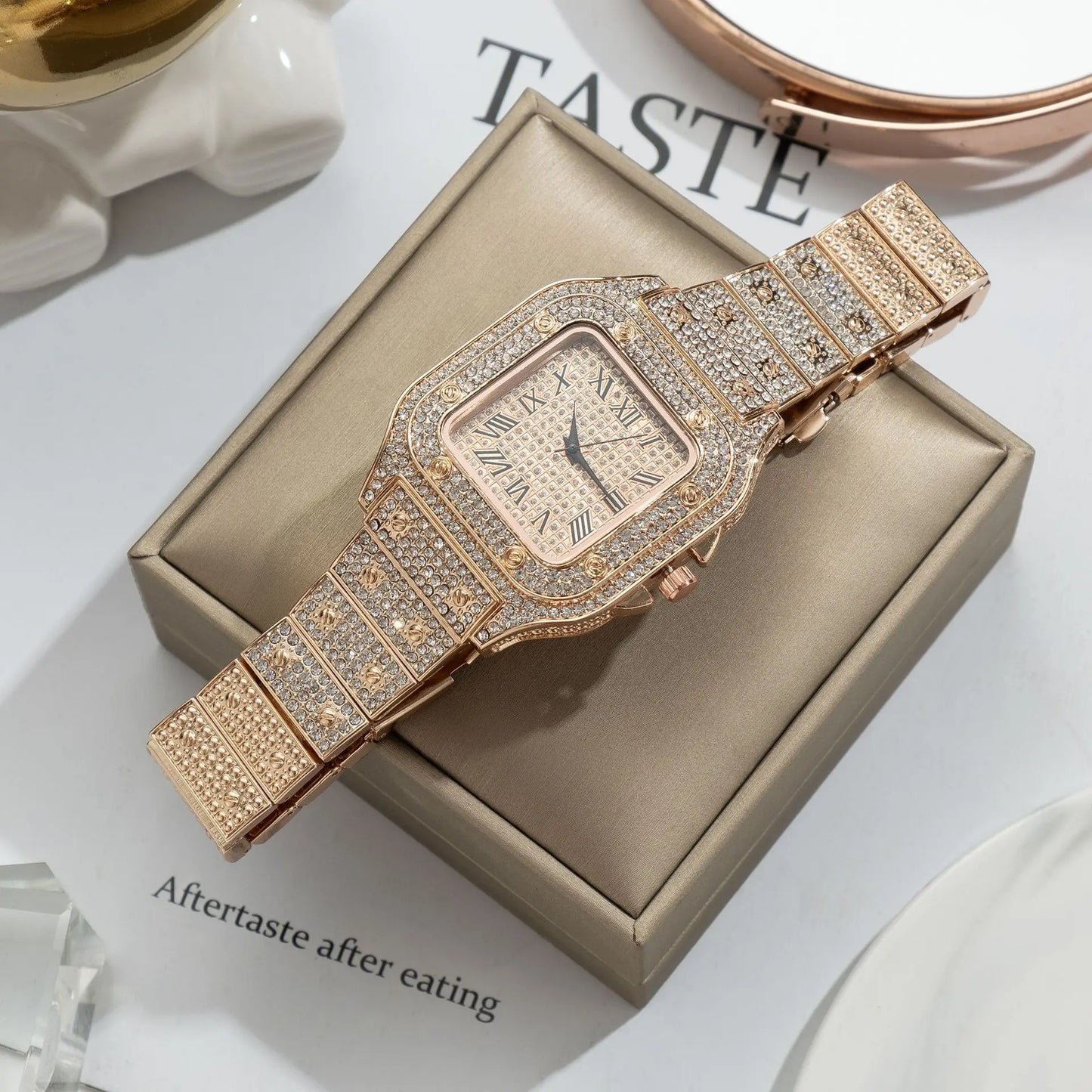 UTHAI L77 Watch For Men Fashion Luxury Gold Square Diamond Full Sky Star Male's Clock Watches Steel Band Quartz Wristwatch