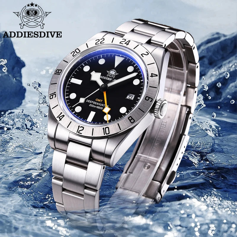 ADDIESDIVE GMT Men‘s Watch 200m Diving Quartz Watch for Men Super Luminous Date 316L Stainless Steel Dress Business Wristwatch