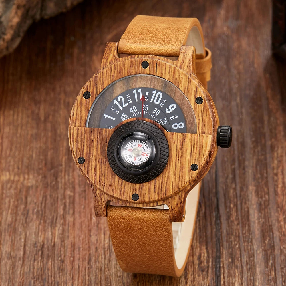 Wood Creative Watch for Men Turntable Compass reloj hombre Real Walnut Ebony Bamboo Wooden Watches Male Clock relógio masculino