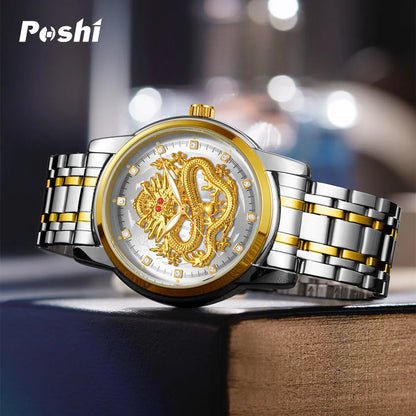 POSHI Stainless Steel Fashion Quartz Watch for Man Gold Dragon Quartz Watches Luxury Men's Wristwatch Waterproof with Box Gift