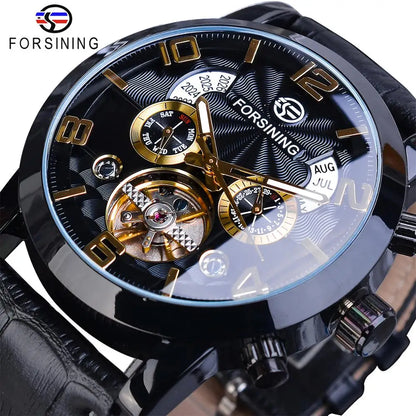 Forsining Top Brand Luxury Tourbillion Mens Automatic Mechanical Watches Fashion Wave Black Golden Clock Multi Function Display