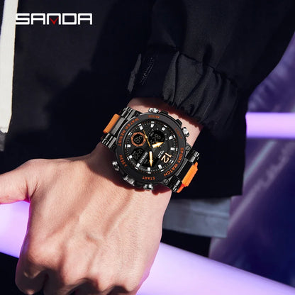 SANDA Brand New 6178 Men's Quartz Electronic Watch Cool and Multi functional Waterproof Steel Band Men's Quartz Electronic Watch