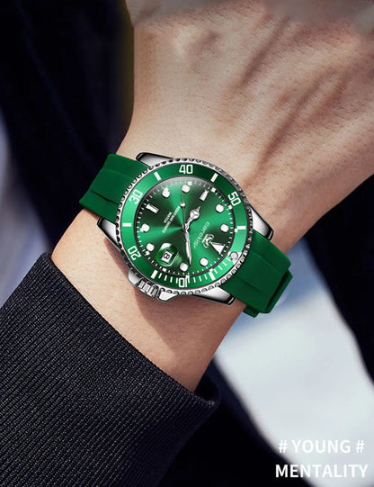 POEDAGAR Top Brand Luxury Fashion Silicone Strap Green Dial Diver Watch Men Waterproof Date Quartz Clock Sport Mens Watches Gift