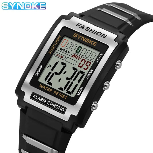 SYNOKE Montre électronique de sport rectangulaire pour homme Étanche 50 M Veilleuse Grand écran Réveil Tendance Style rétro