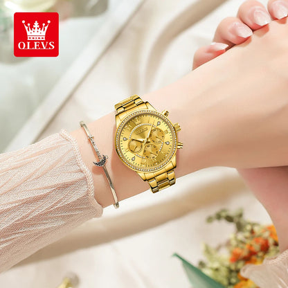 OLEVS Quartz Women's Watch Elegant Luxury Diamond Gold Stainless Steel Three Small Dials Luminous Waterproof Ladies Hand Clock