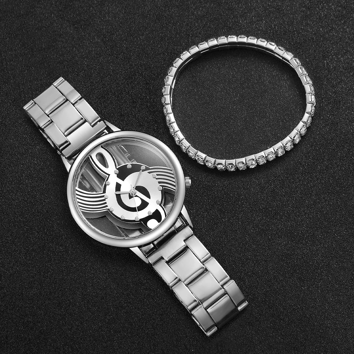 Lot de 2 montres à quartz pour femme avec cadran creux et bracelet en acier et diamant (sans boîte)