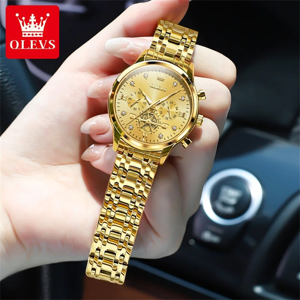 OLEVS Flywheel Skeleton Women Quartz Watch Stainless steel Chronograph Waterproof Luminous Ladies Bracelet Watch for Women Set