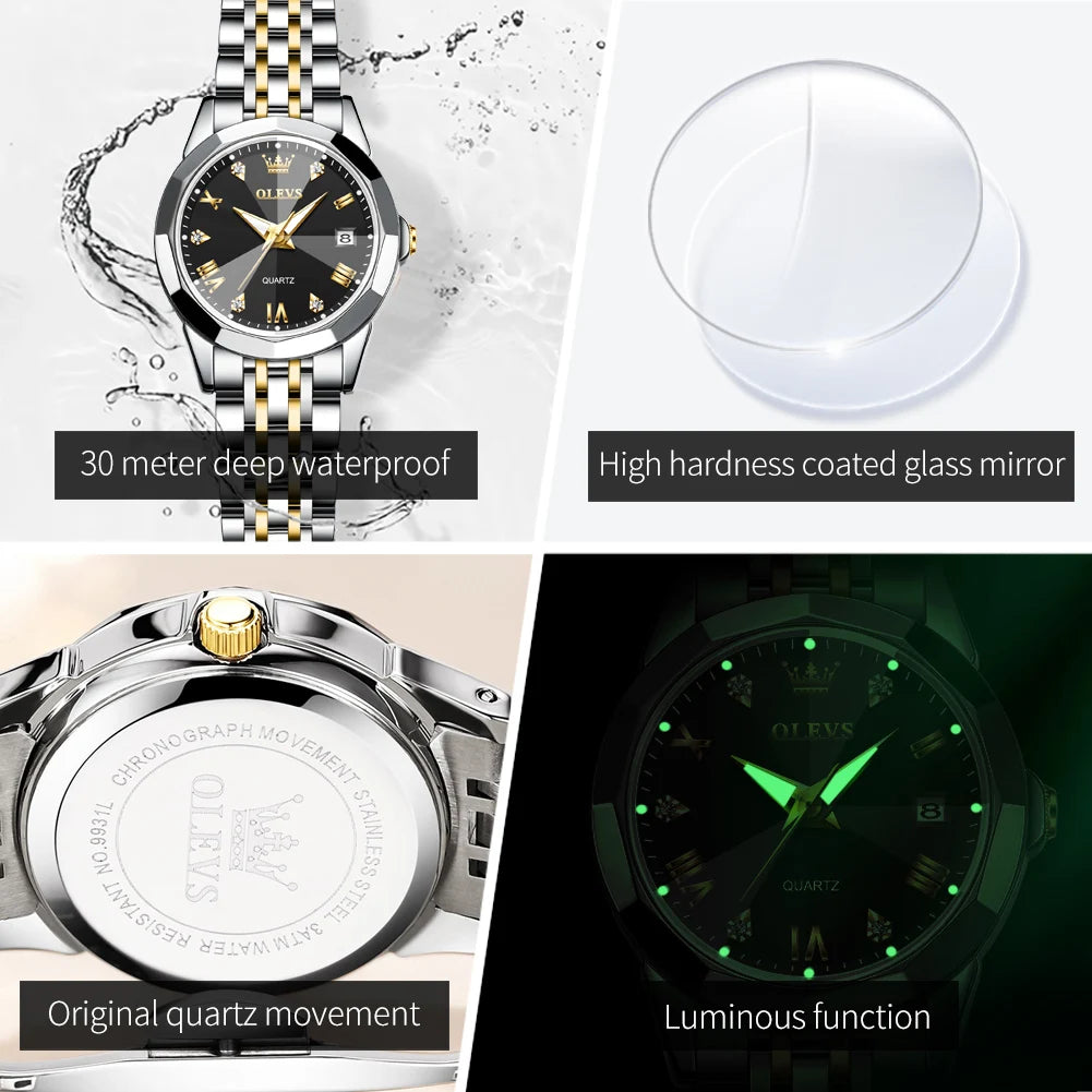 Montre à quartz OLEVS pour femmes, montre-bracelet élégante et originale en acier inoxydable avec miroir en losange, montre-bracelet étanche avec diamant