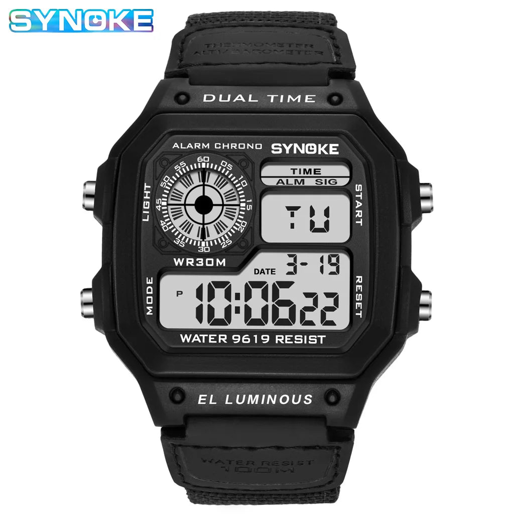 SYNOKE Montre numérique rétro avec bracelet en toile de nylon, lumineuse et étanche, pour homme, sport, carré, classique, étudiant, extérieur, militaire