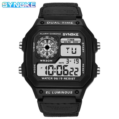 SYNOKE Montre numérique rétro avec bracelet en toile de nylon, lumineuse et étanche, pour homme, sport, carré, classique, étudiant, extérieur, militaire