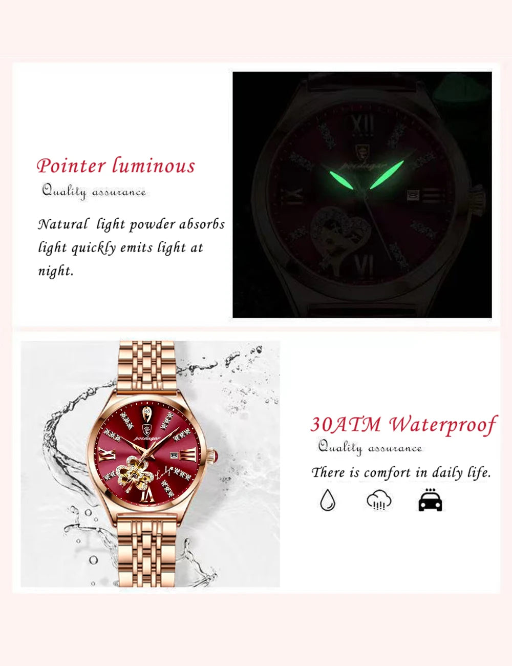 POEDAGAR Women Watch Fashion Luxury Wine Red Quartz Watches Waterproof Stainless Stain Ladies Wristwatch Romatic Girlfriend Gift