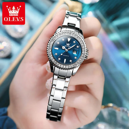 OLEVS Quartz Watch for Women Diamond Dial Luxury Stainless Steel Waterproof Elegant Ladies Fashion Top Brand Women's Watch 9945