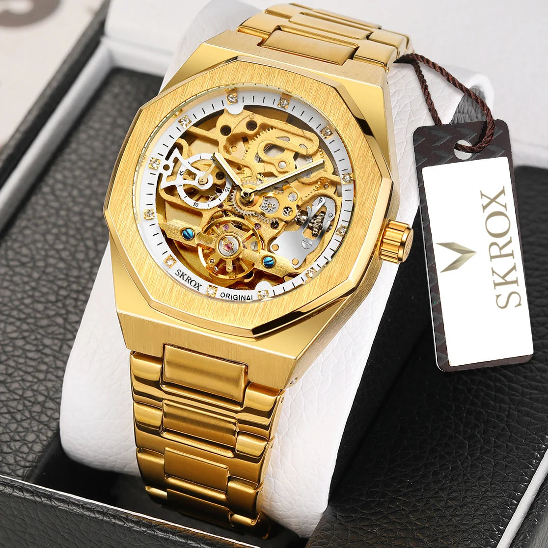 SKROX Top Luxury Gold Diamond Automatic Movement Man Watch High Quality Stainless Steel Mechanical Skeleton Male Wrist Watches