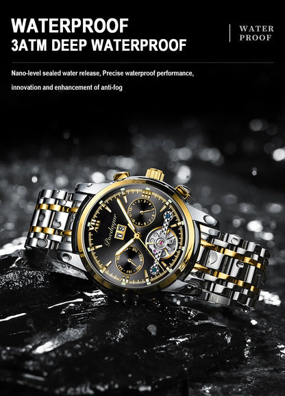 POEDAGAR Automatic Mechanical Man Wristwatch Hollow Tourbillon Stainless Steel Men Watch Waterproof Luminous Date Men's Watches