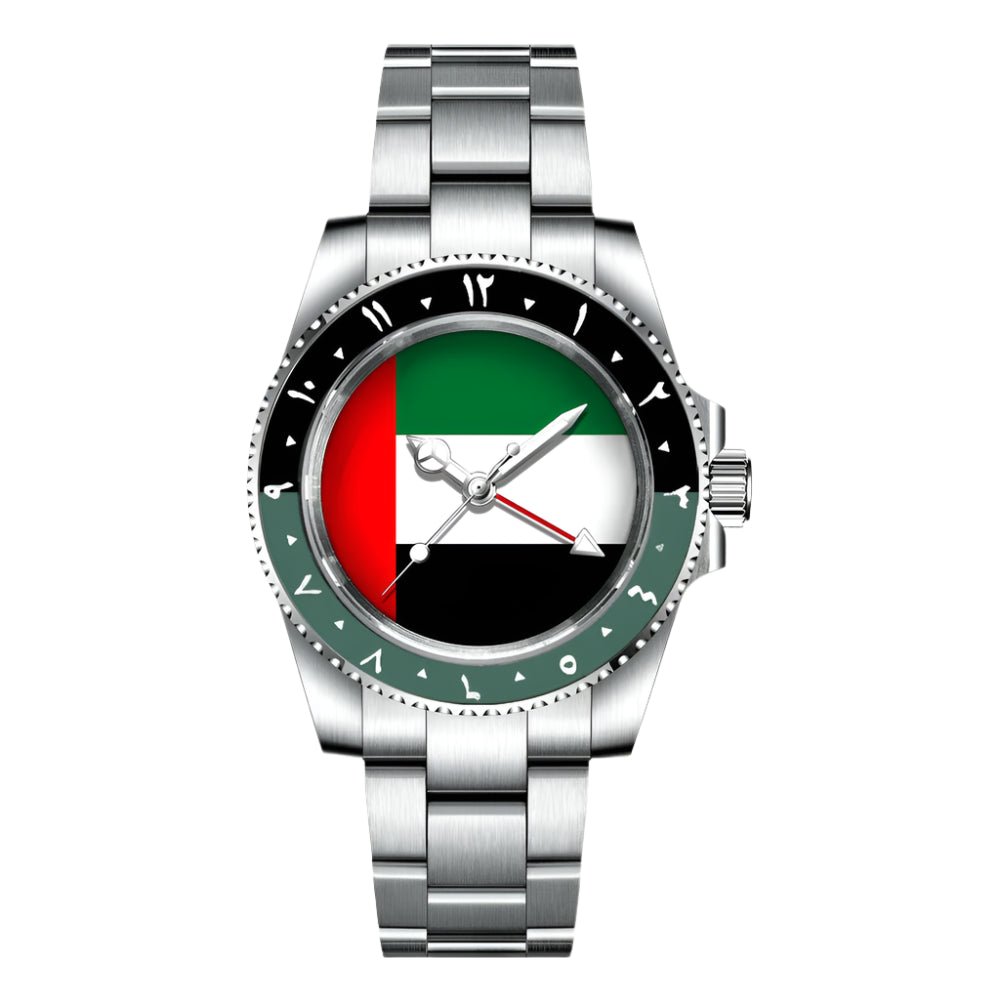 NH34 GMT watch with a 40mm stainless steel case, featuring a UAE flag dial and green-black bezel. Automatic mechanical movement with sapphire crystal.