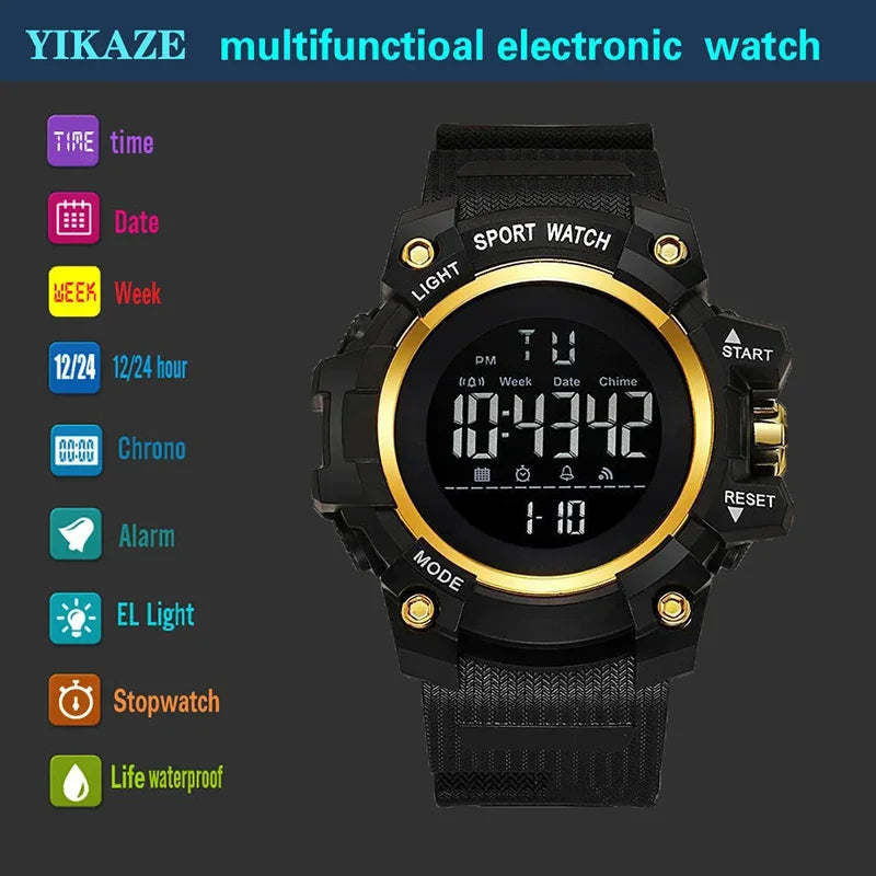 YIKAZE 9030 Montre numérique étanche pour hommes Montres de sport LED Réveil Montre-bracelet électronique Horloge militaire pour homme Cadeau pour enfants