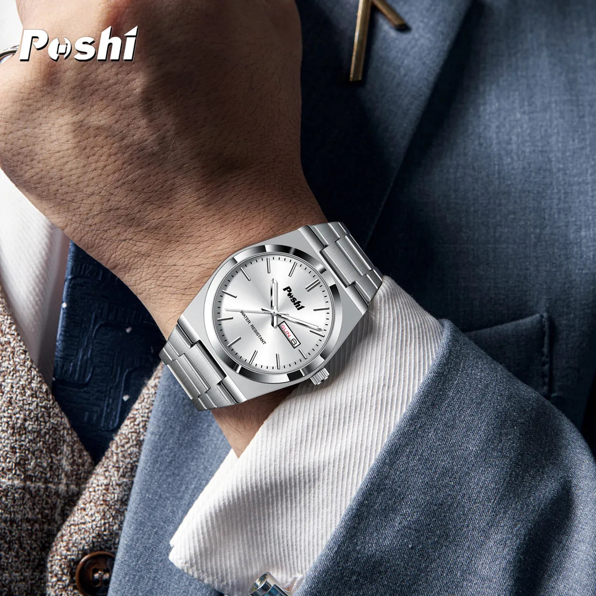 POSHI Fashion Watch for Man Luxury High Quality Quartz Wristwatch Week Date Display Original Brand Business Men's Clock With Box