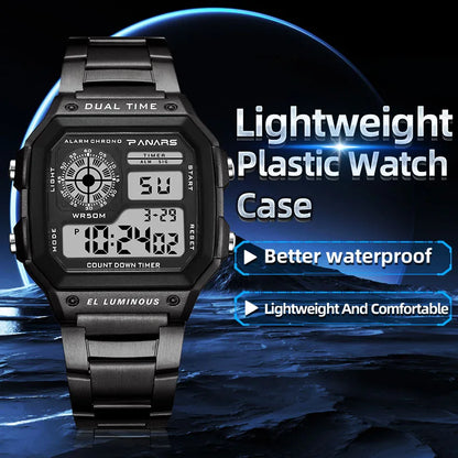 PANARS Top Luxury Stainless Steel Strap Sport Watches Mens Waterproof Back Light Digital Wristwatch Male Alarm