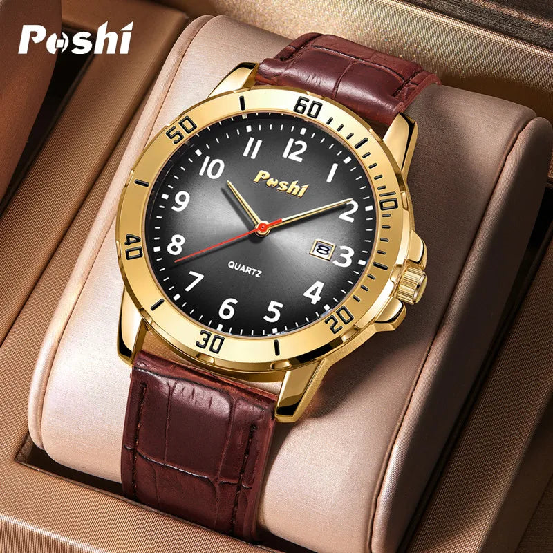 POSHI Simple Man Quartz Watch Luxury Leather Strap with Date Men's Watches Waterproof Original Clock Sport relogios masculino