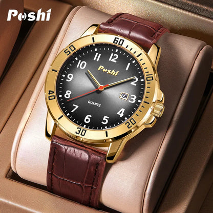 POSHI Luxury Men Watch Business Waterproof Date Quartz Wristwatch Top Brand Leather Men's Watches for Gift Relogio Masculino