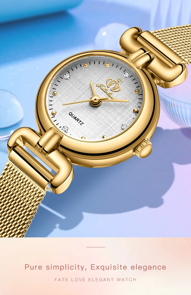 Montre à quartz rétro pour femme Fate Love, élégante, de luxe, avec bracelet en acier inoxydable doré, étanche, bracelet en cuir, montre à quartz pour femme