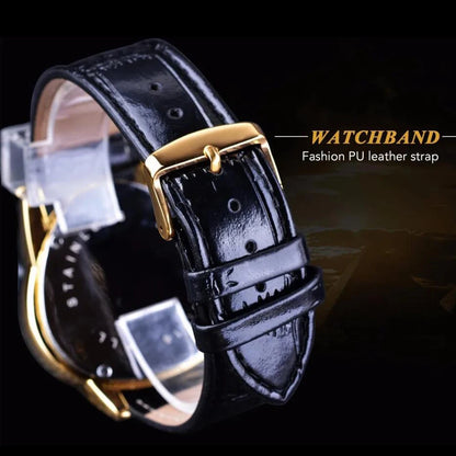 WINNER Steampunk Fashion Men's Automatic Mechanical Watches Triangle Golden Skeleton Movement Genuine Leather Racing Wristwatch