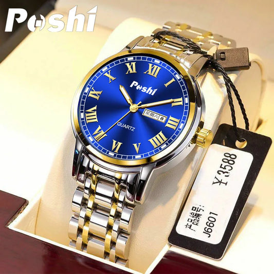 POSHI Men Watch Stainless Steel Top Quality Luxury Push Button Hidden Clasp Waterproof Luminous Date Week Sport Wrist Watches