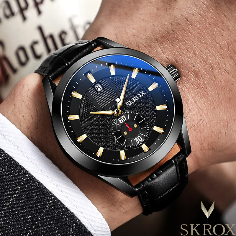 SKROX Original Sports Men Watch Leather Sapphire Blue Dial Luminous Automatic Movement Mechanical Clock Waterproof Wrist Watches