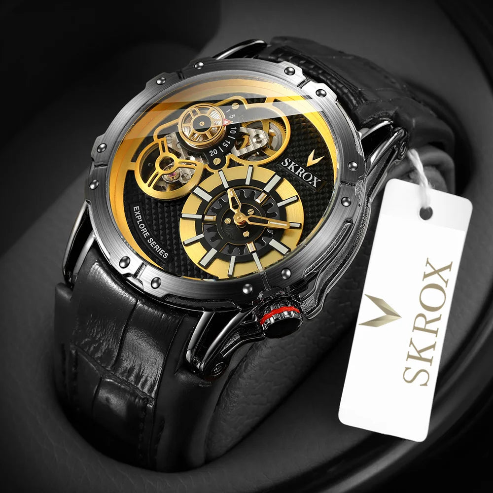 SKROX Steampunk knight Automatic Clockwork Big Size Dual Movements Man Watch Original Brand Luxury Field Sports Wrist Watches