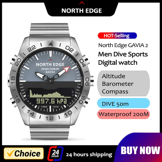 NORTH EDGE Mens Dive Watch Military Army Luxury Full Steel Smartwatch Compass Altimeter Barometer Digital Clock Waterproof 200m