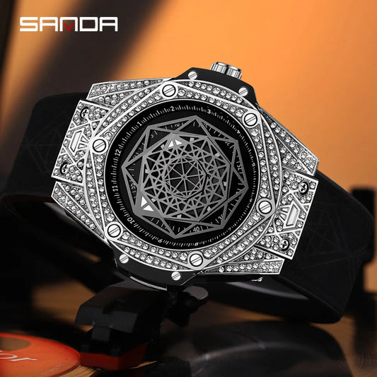 Sanda Cool Fashion Men's Watch New 7033 Men's Diamond Inlaid Geometric Dial Glow Waterproof Men's Creative Quartz Watch 2023