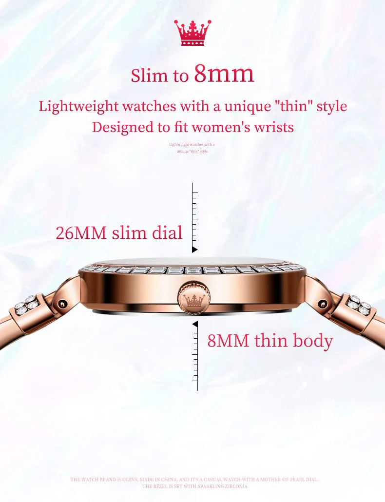 Montre originale OLEVS ultra fine avec cadran de 8 mm pour femme, montre-bracelet de luxe en diamant, mode élégante, pour dames