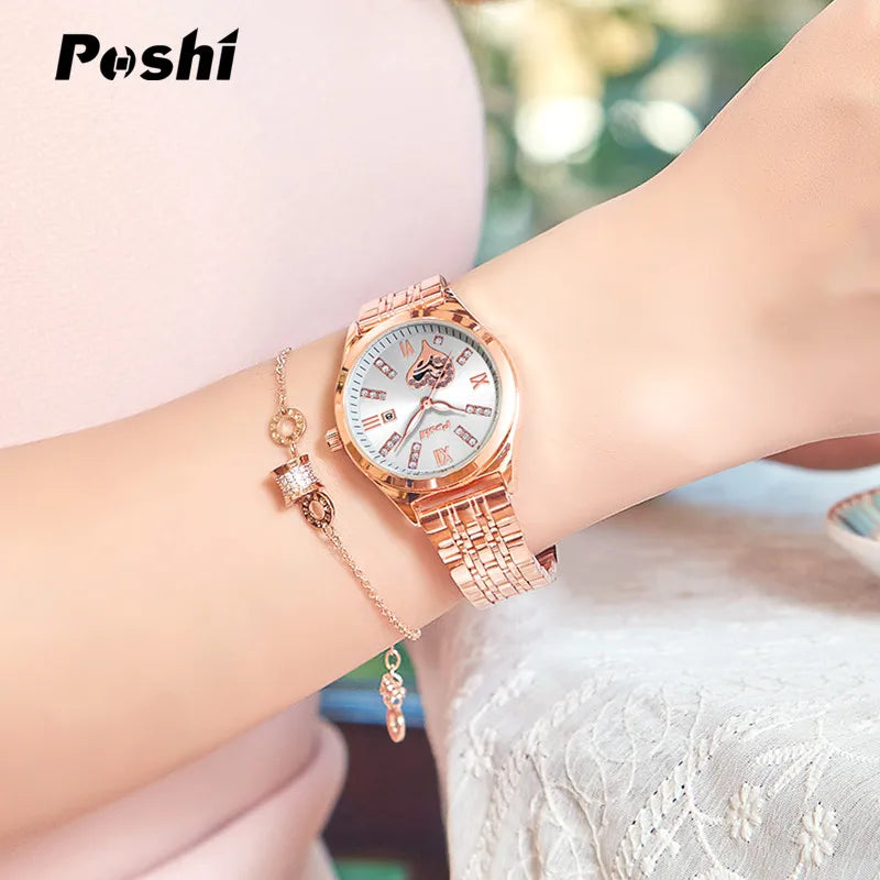 POSHI Top Brand Quartz Watches Stainless Steel Women's Watch with Date Ladies Fashion Dress Wristwatch Clock Relogio Feminino