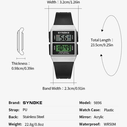 SYNOKE Montre Électronique de Sport Rectangulaire Étudiant Étanche 50M Veilleuse Design Léger Réveil Tendance Style Rétro