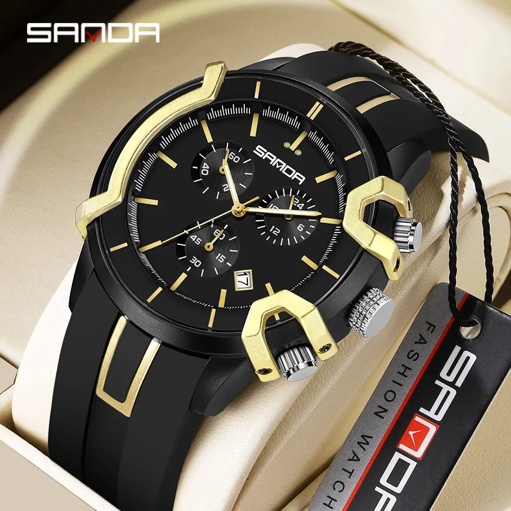 SANDA Hot Selling 9017 Men's Quartz Electronic Watch Multi functional Three Eyes Six Needle Waterproof Calendar Men's Watches