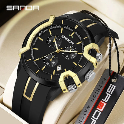 SANDA Hot Selling 9017 Men's Quartz Electronic Watch Multi functional Three Eyes Six Needle Waterproof Calendar Men's Watches