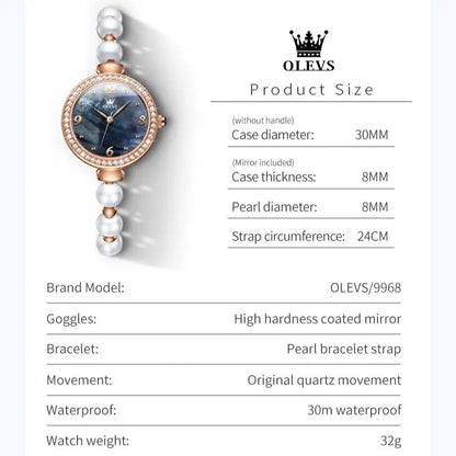 OLEVS Pearl Chain Watch for Women Luxury Diamond Dial Waterproof Original Top Brand Quartz Watches Gift Sets Relógio Feminino